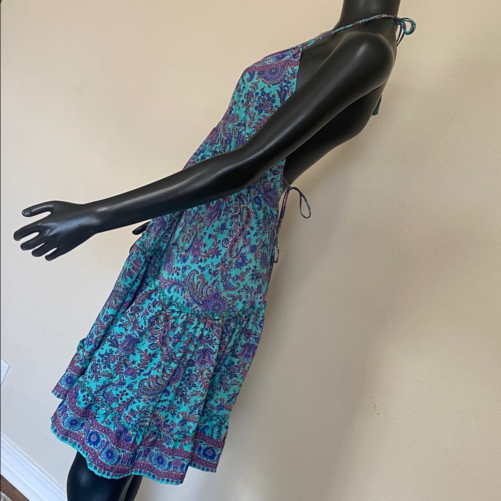 Sleeveless Teal Purple & Pink Silk Floral V-Neck Adjustable Size S M L Dress - Picture 6 of 15